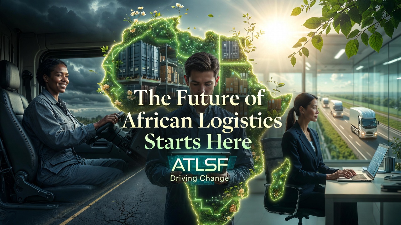 Collage-style featured image: confident African woman truck driver in cab smiling at camera, young male warehouse lead with tablet in foreground, and female logistics manager in modern office — all connected by glowing green digital lines forming an Africa map. Background transitions from stormy clouds and cracked roads (left) to bright sunshine, green leaves, and solar trucks (right). Large elegant text overlay 'The Future of African Logistics Starts Here – ATLSF Driving Change'. Vibrant green-gold palette, flowers and leaf accents, elegant empowering corporate style, high resolution